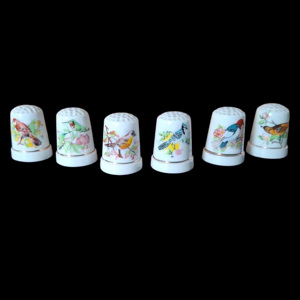 VINTAGE Collectible Set of 6 Porcelain Thimbles with Bird Designs